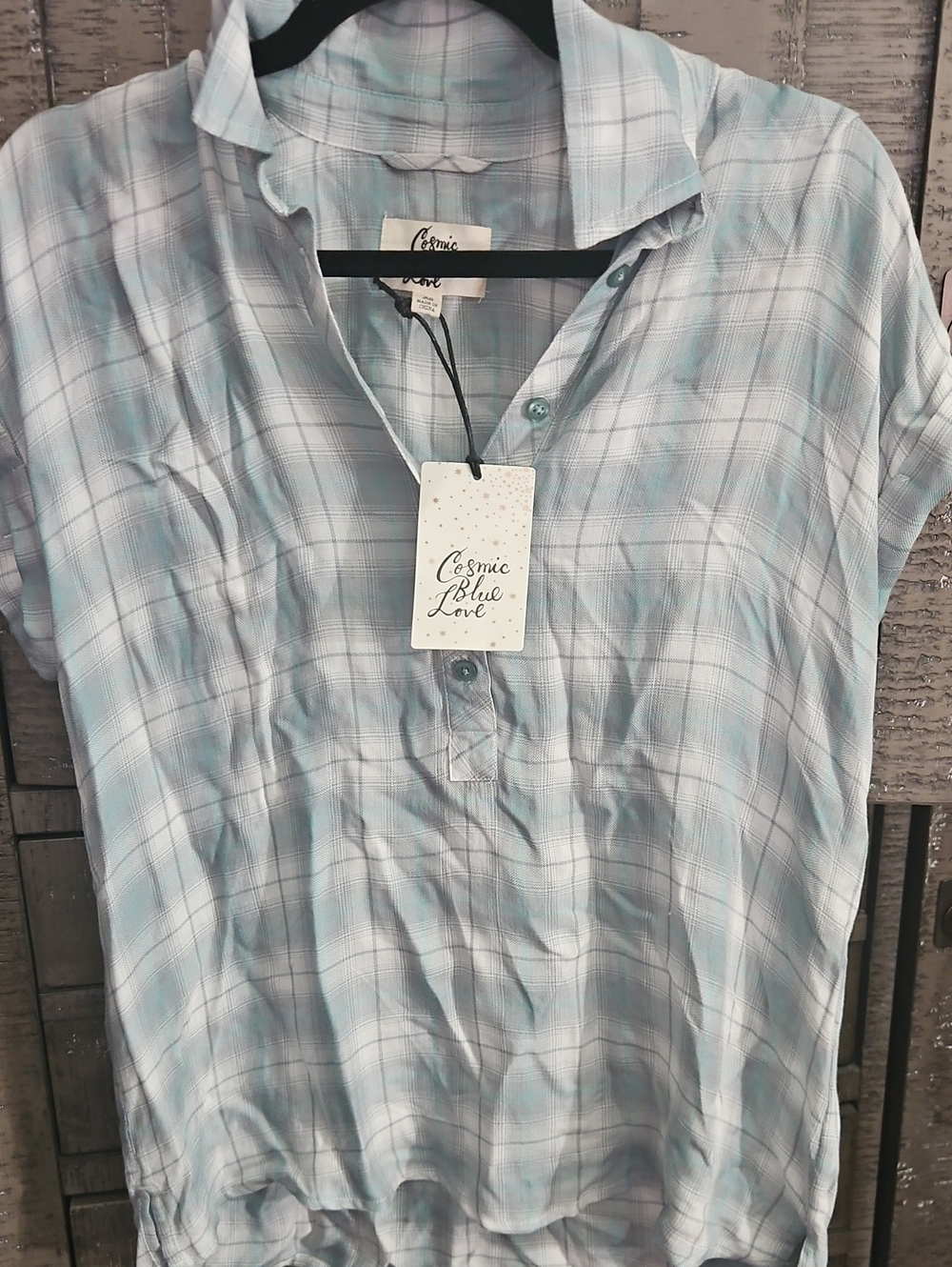 Cosmic Blue Love Light Blue Plaid Women's Button-Front Blouse